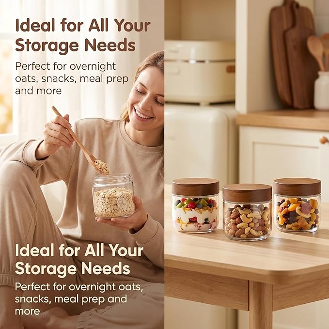 Danmu 8 oz Overnight Oats Containers with Lids,Salad Jar,Glass Jar with Wooden Lid 4 Pack,Mason Jars 8 oz with Lids for Snack,Overnight Oats,Meal Prep,Yogurt,Parfait,Soup,Salad 100% Leak-proof