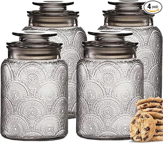4pc Vintage Glass Canister Set with Airtight Lids - For Kitchen Food Storage and Organization