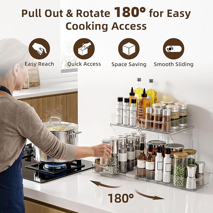 Spice Rack Organizer for Cabinet 2pcs, 2 Tier Countertop Shelf Organizer with Pull Out Rotating Bottom Shelf, Acrylic Kitchen Spice Organizer for Pantry, Counter and Cabinet Storage