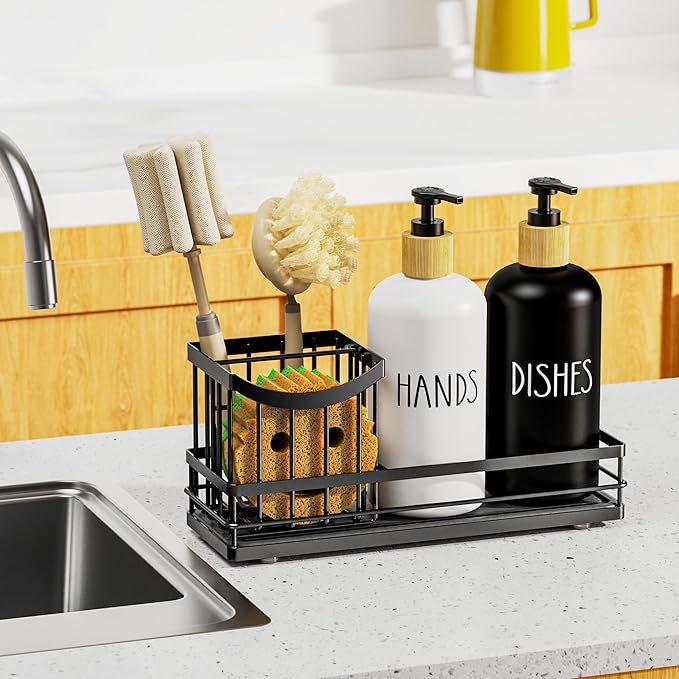 Moforoco Kitchen Dish Soap Dispenser Set, 16OZ Glass Bottle, Hand and Dish Soap Dispenser Set, Instant Dry Tray, Brush Holder with Smiley Face Sponge Holder (Universal Black Tray+Black&White Bottle)
