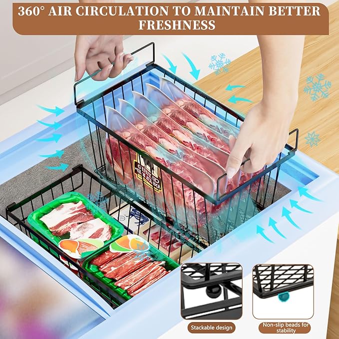 Enhanced Leak-Proof Bottom - Freezer Organizer Bins ，8 Pack Stackable Deep Freezer Organizer Bins for 7 Cu.FT Small Chest Freezer，organization and storage，pantry organizers (Black 8 Pack)