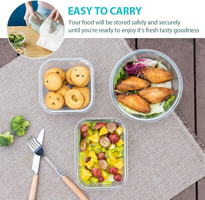 Bayco Glass Food Storage Containers with Lids, [24 Piece] Meal Prep, Airtight Bento Boxes, Leak Proof (12 lids & 12 Containers) - Blue
