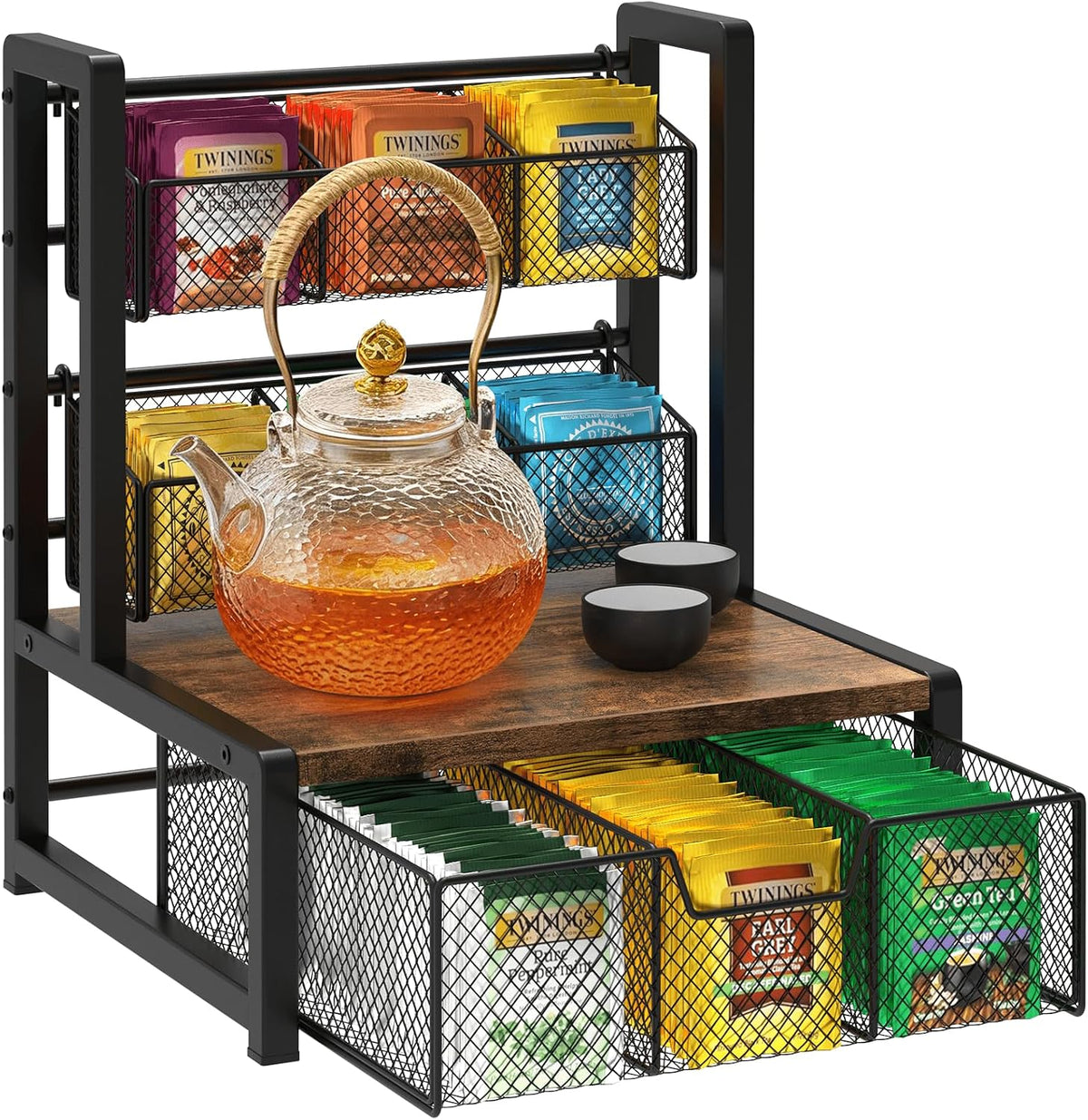 Tea Bag Organizer, 3 Tier Tea Storage Box, Rustic Brown