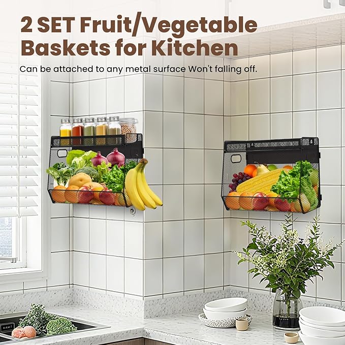 2 Set Magnetic Shelf Basket for Fridge, Magnetic Spice Rack Fruit Onion and Potato Storage Bins with Mesh Lid, Pantry Organizers and Storage, Kitchen Counter Organizer for Produce