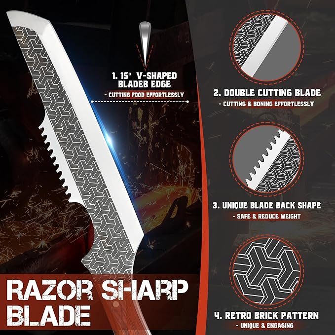 ROCOCO Butcher Meat Cleaver Knife - Boning Knife with Sheath for Kitchen Camping BBQ Birthday Thanksgiving 8.8"