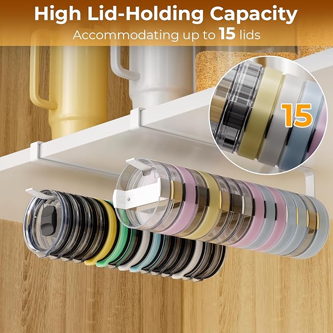 Quehun 2 PCS Tumbler Lid Organizers, Ample Lid Capacity Up to 30 Lids, No Adhesive No Drill Yeti Lid Organizer Holder Inside Cabinet, Space-Saving Stanley Tumbler Cup Lid Holder Organizer for Kitchen