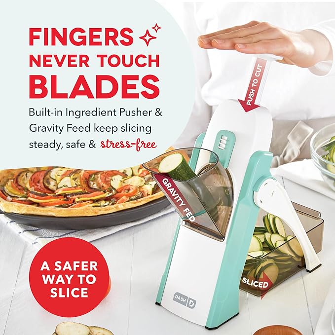 Dash Safe Slice® Mandoline - Compact, Foldable Food Slicer - Slice, Dice, Julienne & More - Perfect for Quick Food Prep - Recipe Guide Included - Aqua