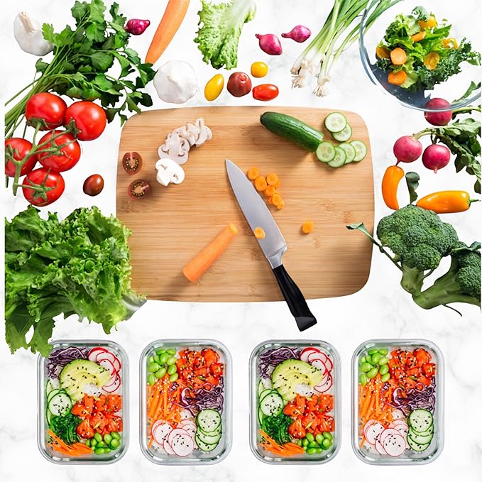 ECOBERI Glass Meal Prep Containers with Silicone Sleeves, 5 Piece 4.5 Cup Set, Borosilicate Glass Food Storage with Leak-Resistant Lids, Oven, Microwave, Freezer and Dishwasher Safe.