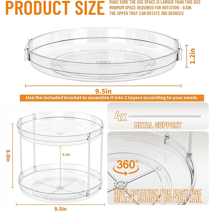 SUOXING 2 Pack Rotating Small Lazy Susan Turntable for Cabinet,9.5 Inch Clear Acrylic Spice Rack,Turntable Organizer for Refrigerator,Kitchen,Pantry and Vanity Makeup,Bathroom Countertop Organizer