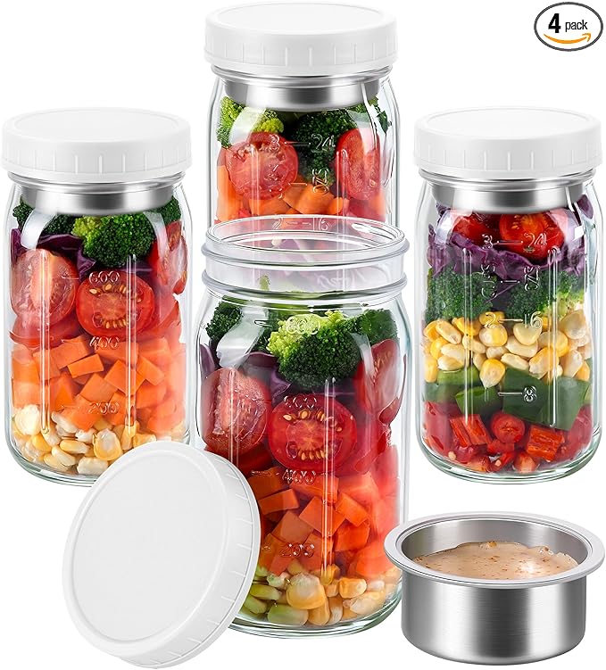 KTKUDY 4 Pack 32 oz Glass Salad Jars with Dressing Cups (Pod) - Meal Prep Salad Container for Lunch - Leakproof Mason Jars with Lids