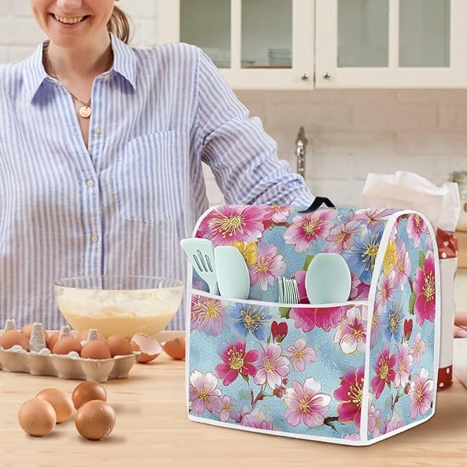 Spring Floral Mixer Cover with Handle & Storage Pocket for 4.5 to 5 Quart Blenders Machine Washable Polyester Dust Protection for Kitchen Counter Decor Housewarming Gifts