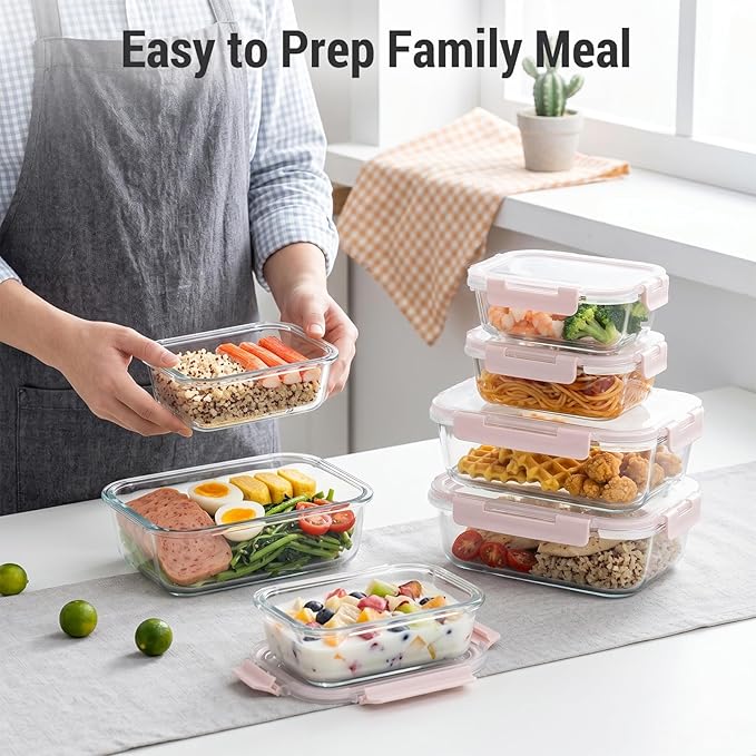 Dealusy 10 Sets (20-Piece) Glass Meal Prep Containers with Lids, Five 36 oz & Five 12 oz Airtight Leak-proof Glass Food Storage Containers with lids, Microwave Oven Freezer Dishwasher Safe, Pink
