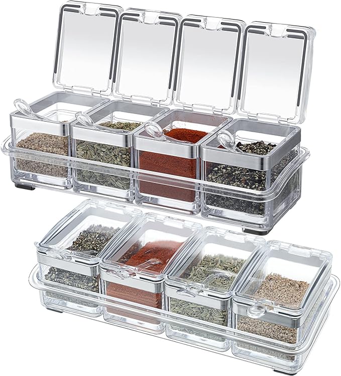 2 Set Acrylic Seasoning Organizer Box 10 x 4 x 3.2 in 8 Clear Seasoning Rack Spice Pot Condiment Container with Lid and Spoon Storage Container Spice Jar for Sugar Salt Kitchen Cooking Organizer