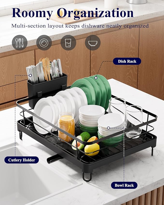 Kitsure Dish Drying Rack for Kitchen Counter, Stainless Steel Sink Organization and Storage Essentials with Cutlery Holder, Home and Appartment Decor, 12.7''W x 16.7''L, Black