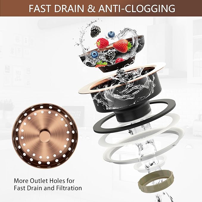Kitchen Sink Drain Copper 3-1/2 Inch Stainless Steel Kitchen Drain Strainer Assembly Kit with Strainer Basket and Drain Stopper for Standard Sink Drains Antique Copper