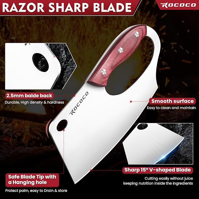 ROCOCO Easy Handle Meat Cleaver - Effort Saving Chef Knife Unique Professional for Kitchen Cutting Meat Vegetable Gift Red Full Tang Stainless Steel 7.48"