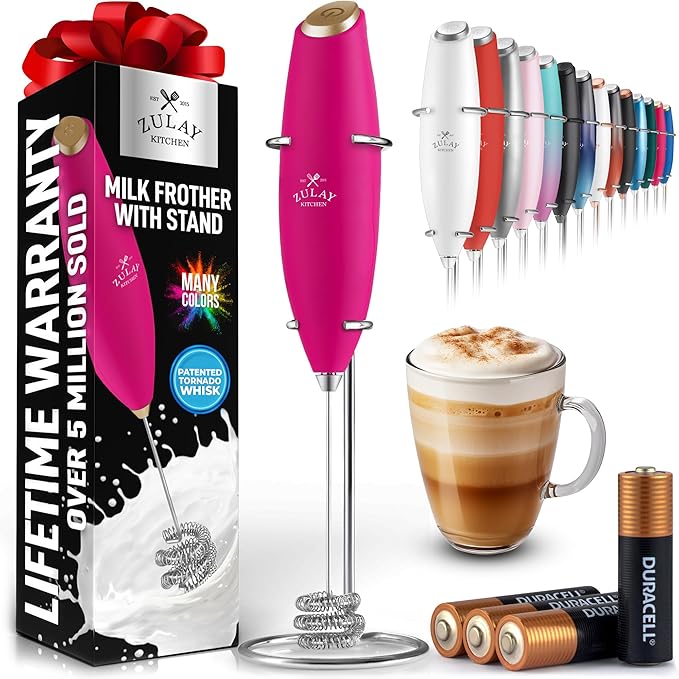 Zulay Kitchen Powerful Milk Frother Wand With Duracell Batteries - Ultra Fast Handheld Drink Mixer - Electric Whisk Foam Maker for Coffee, Lattes, Cappuccino & Matcha - Triple Whisk - Magenta Gold