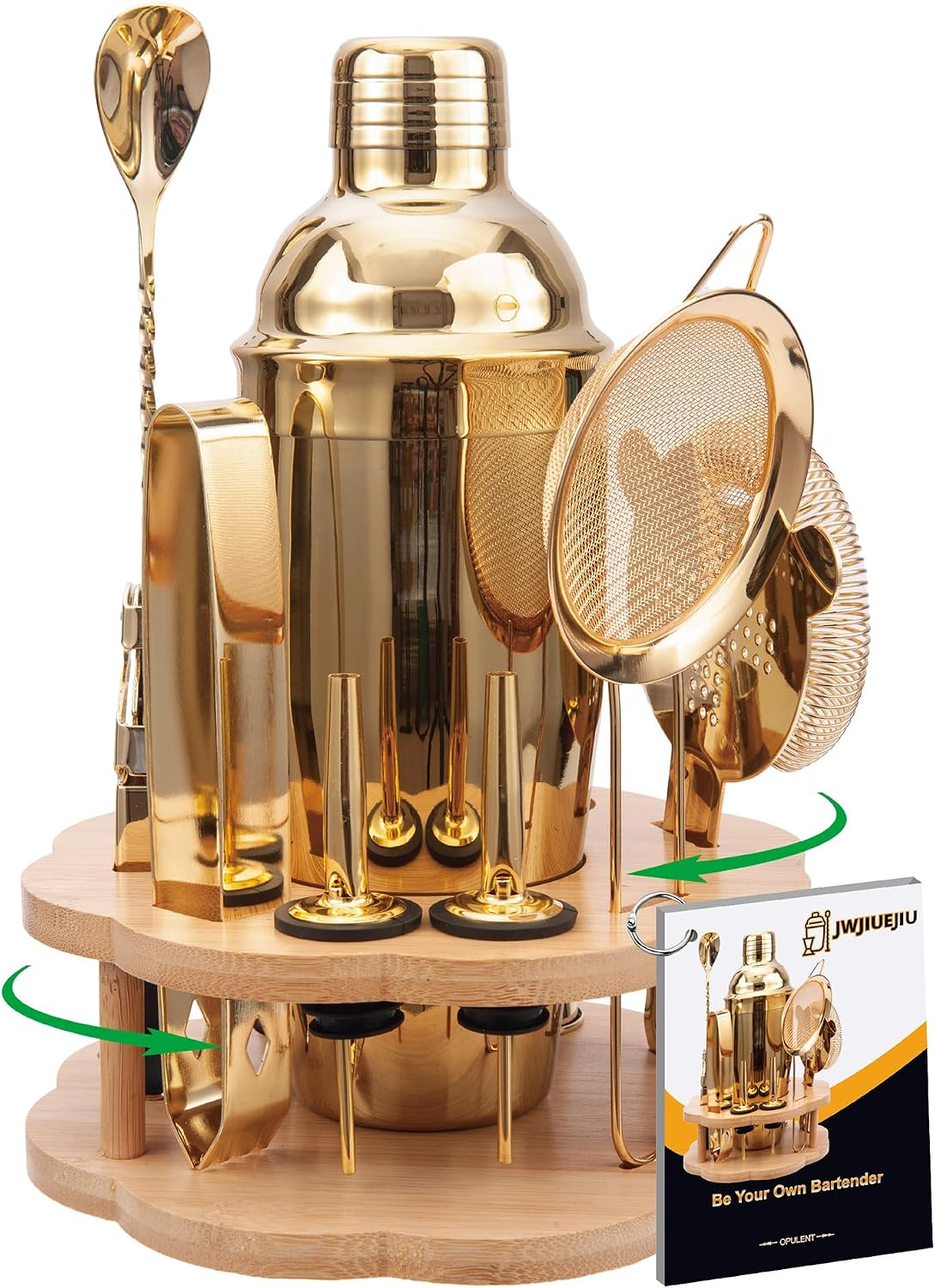 Cocktail Shaker Set Bartender Kit with Rotatble Bamboo Stand,11 Piece Bar Set Stainless Steel Bar Accessories for Drink Mixing, Bar, Home, Party (Gold)