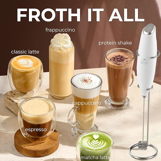 Zulay Kitchen Powerful Milk Frother Wand With Duracell Batteries - Ultra Fast Handheld Drink Mixer - Electric Whisk Foam Maker for Coffee, Lattes, Cappuccino & Matcha - Triple Whisk - Luna White