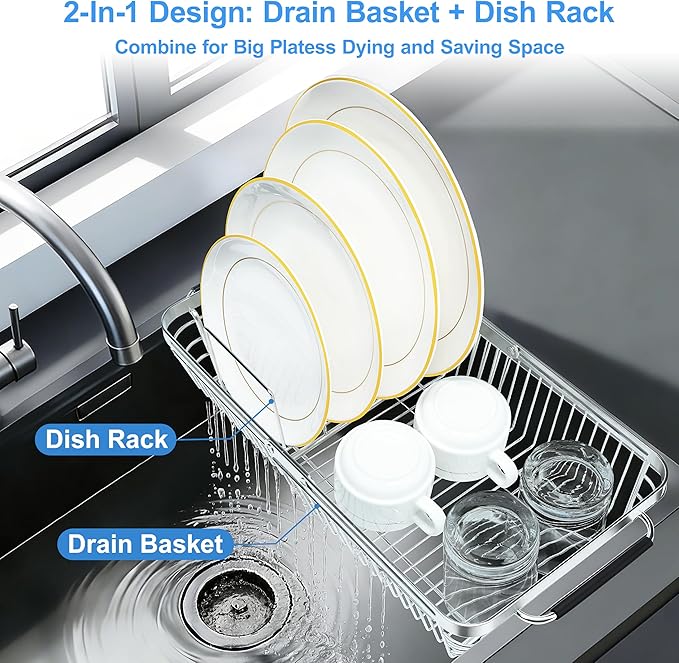 Dish Drying Rack Over The Sink, Stainless Steel Dish Racks for Kitchen Counter, Expandable Drainer for Kitchen Sink Organizer, 2-in-1 Extend Drain Basket and Plates Holder for Utensil Storage