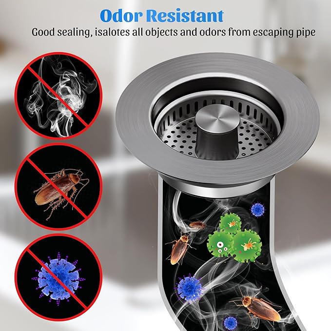 NinjaTiger Kitchen Sink Drain Strainer - 2-Pack 3-in-1 Stainless Steel Kitchen Sink Stopper Pop-Up Sink Drain Strainer Basket Kitchen Sink Stopper for US Standard 3-1/2'' Drain | Gunmetal Gray
