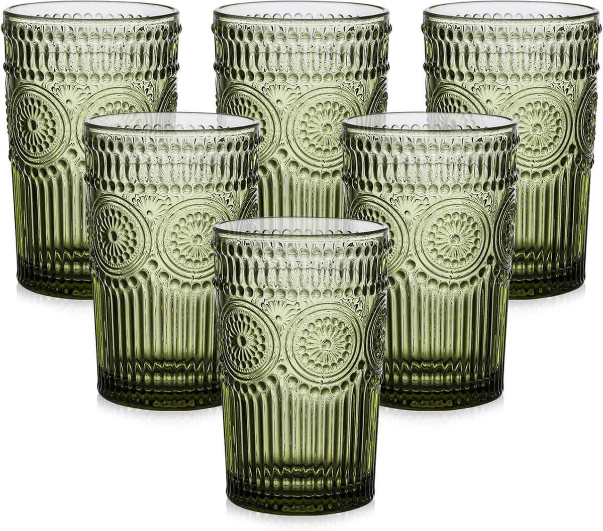 Drinking Glasses Set of 6,13oz Flower Design Green Glass Cups