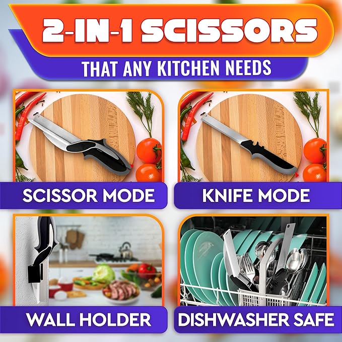 2 in 1 Kitchen Scissors for Food – Stainless Steel 9.5" Tomato Knife Chops Vegetables, Fruit, Cheese, Meat in Seconds | Dishwasher Safe Cutting Board Scissors with Safety Lock – Kitchen Gift for Dad