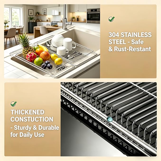 Expandable Over The Sink Dish Drainer Drying Rack, Stainless Steel Metal, Small Adjustable Dish Drainer Drying Rack for Kitchen Counter, Space Saving for Compact Kitchen