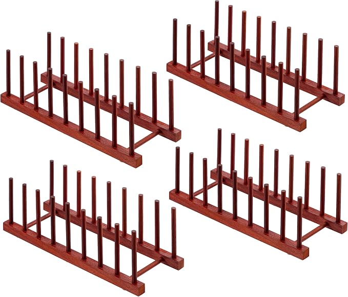 HBlife 4pcs Rosewood Wooden Dish Drying Rack - Home and Kitchen Organizer for Cups, Bowls, Pots, Lids, Cutting Boards & Plates Space-Saving for Cabinets Counters (8 Slots)