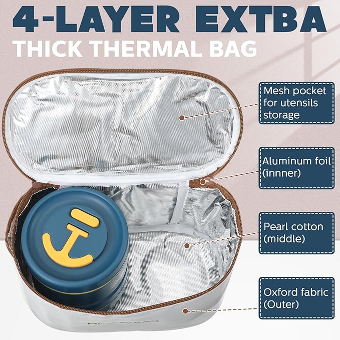 Dandat 4 Pcs Insulated Lunch Container, Portable Bento Box, Stainless Steel Lunch Box, Round Stackable Leakproof Thermal Food Container for Adult Men Women with Insulated Bag, 74 oz(Royal Blue)