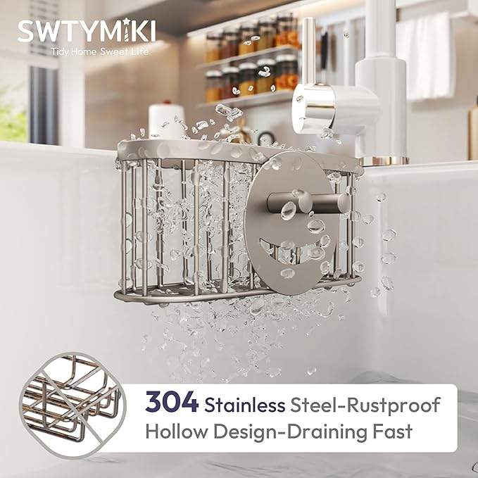SWTYMIKI Sponge Holder for Kitchen Sink - Movable Sink Caddy with Smiley Face Sponge Holder, Rustproof Hanging Sponge Organizer in Double Bowl Sinks Depth>3.15in, Middle Divider<1.5in, Sand Nickel