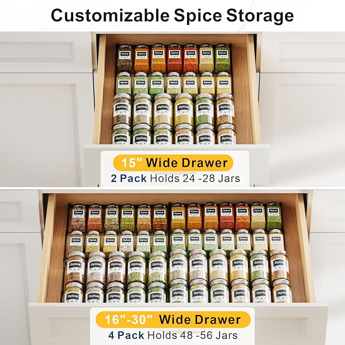 iSPECLE 2 Pack Drawer Spice Organizer, 2-Tier Low Profile Spice Rack Insert for Kitchen Drawers, Fits 15"–30" Wide Drawers, Keeps Labels Visible, No Slip No Rattle, Oil-Resistant Carbon Steel, Black