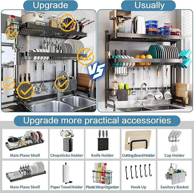 LIVOD Over The Sink Dish Drying Rack,3 Tier Adjustable Length Full Stainless Steel Large Storage Kitchen Dish Rack,for Kitchen Counter Expandable Multifunctional Organizers,Silver (25.5'' to 37.6'')