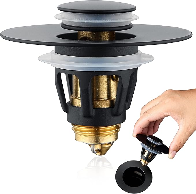 Universal 1.25" Bathroom Sink Stopper - Wash Basin Bounce Drain Filter, Pop Up Drain Stopper, Bullet Core Push Type Sink Stopper, Sink Drain Plug with Anti-Clogging Strainer, Matte Black1