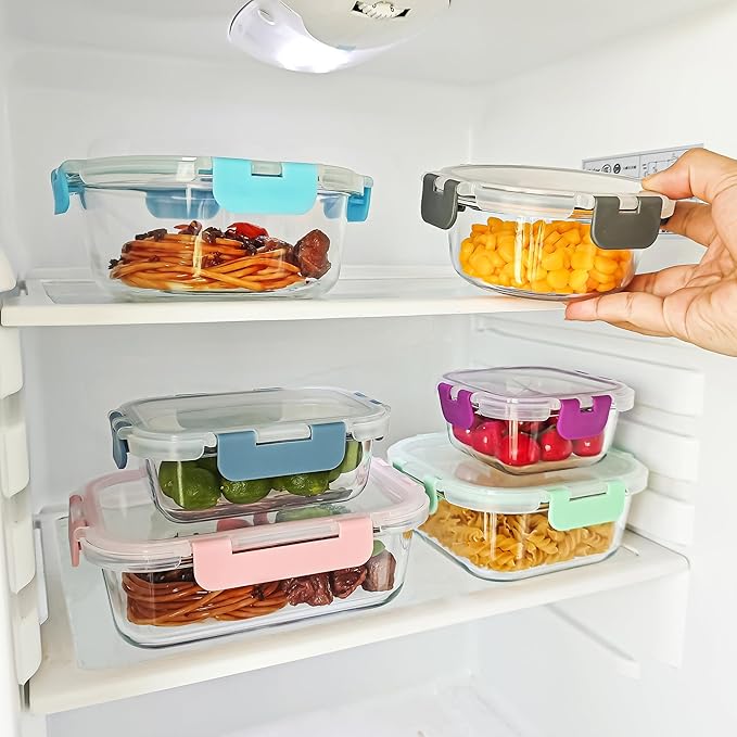 12 Pack Glass Food Storage Containers Set, Glass Meal Prep Containers with Lids, Airtight Lunch Containers, Dishwasher Safe, blue