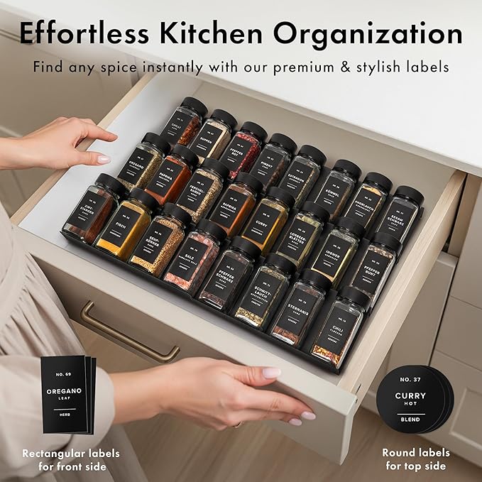EDELHAUS® Square Spice Jars with Bamboo Wooden Lid (Pack of 24) Spice Jars with Shaker Insert and 240 Labels - Bamboo Lid Glass Container for Spice Organisation [4.3 in × 1.8 in]