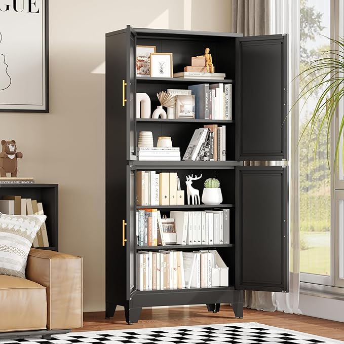 winiowa 75" Tall Kitchen Pantry Cabinet, Metal Storage Cabinet with Doors and Adjustable Shelves, Black Freestanding Pantry Cabinet for Kitchen, Dining Room, Living Room, Laundry Room, Bathroom