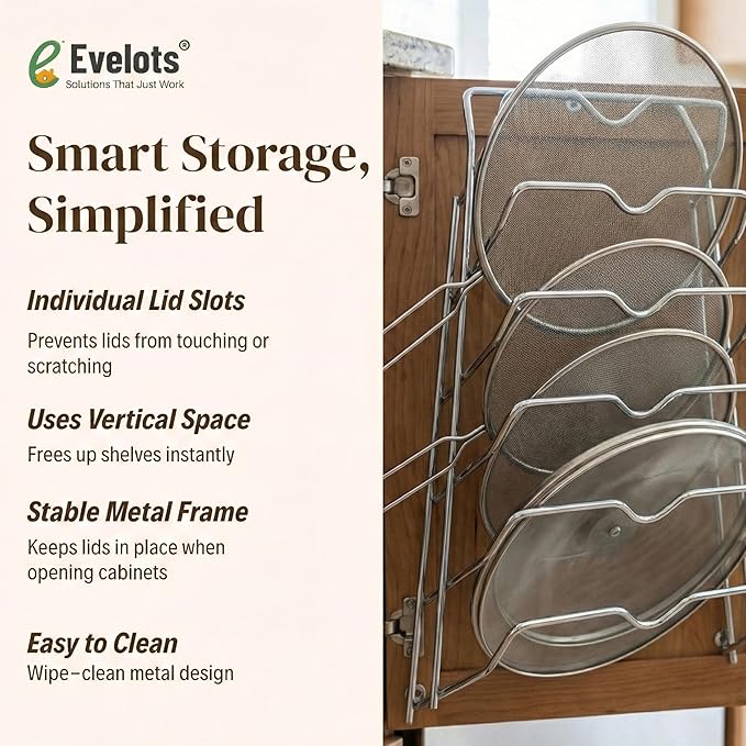 Evelots 6-Tier Pot Lid Organizer for Cabinet Door or Pantry Wall - Pots and Pans Lid Holder Rack - Glass or Metal Pan Covers Cabinet Organizer Kitchen Storage - Chrome Finished