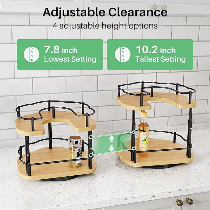 Lazy Susan Organizer Spice Rack - Spice Organization for Cabinet Height Adjustable Rotating Lazy Turntable, Pantry Kitchen Wood Revolving Seasoning Organizer (Natural, 9 Inch)