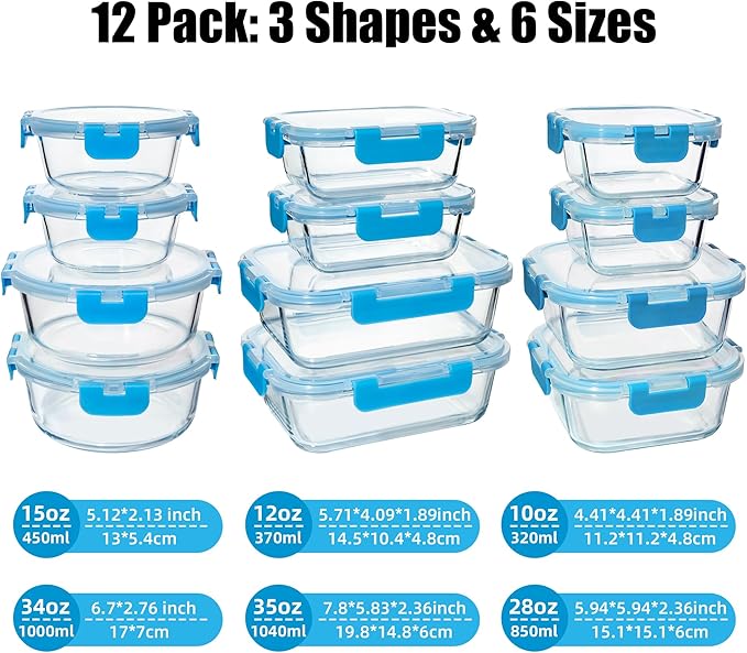 12 Pack Glass Food Storage Containers Set, Glass Meal Prep Containers with Lids, Airtight Lunch Containers, Dishwasher Safe, blue
