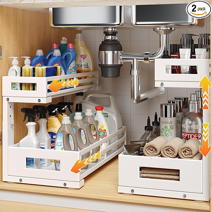 2-Pack 17"Deep Under Sink Organizer And Storage, 2-Tier L-Shaped Pull Out Cabinet Organizer with Upgraded Slide Rails, Height Adjustable Drawers for Kitchen&Bathroom, Extra-Large Storage Shelves–White