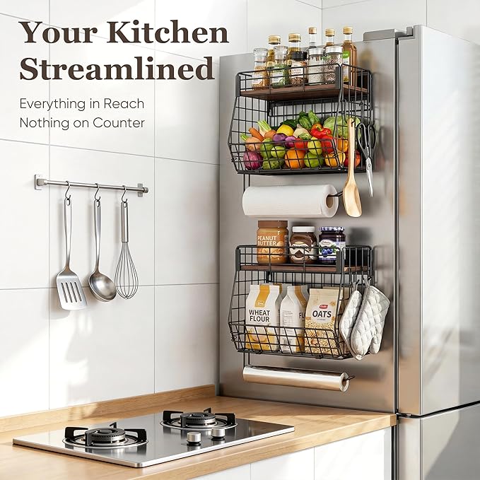2 Pack Magnetic Spice Rack for Fridge with Paper Towel Holder, Fruit Basket with 4 Hooks for Kitchen Storage and Organizer, Full‑Enclosed Magnetic Shelf 33 lbs for Laundry, Pantry, Coffee Bar and RV