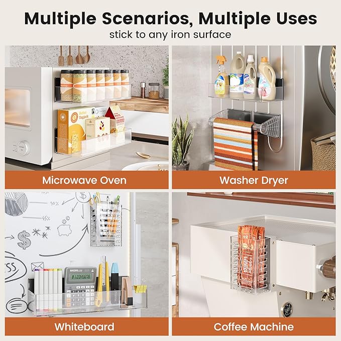 Magnetic Spice Rack for Refrigerator,8 Pack Magnetic Shelf,Fridge Magnet Organizer with Paper Towel Holder,Utensils Racks,Hook Rack,Deepened Basket,Fridge Organizers and Storage Clear(8 Pack)