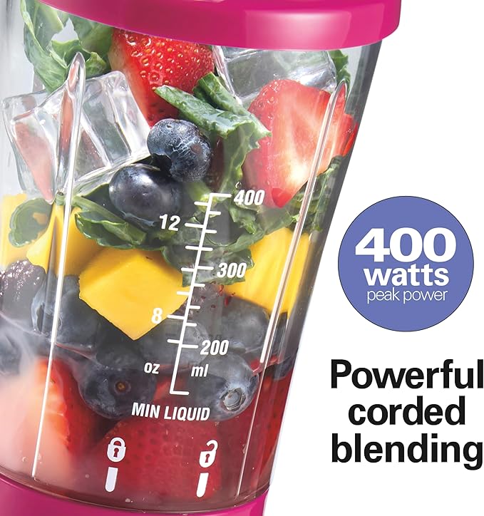Hamilton Beach Portable Blender for Shakes and Smoothies, 14 Oz BPA Free Travel Cup & Lid, Durable Stainless Steel Blades, Personal Smoothie Blender, Raspberry, 51131G (Pack of 4)
