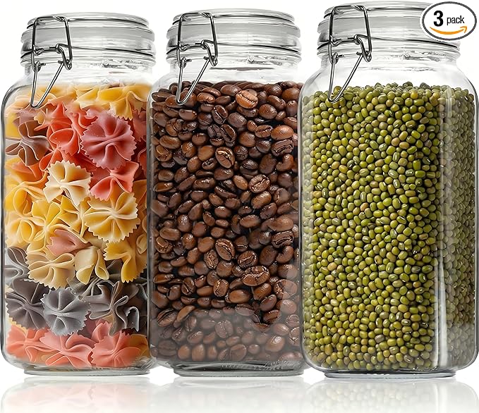 78oz - 3 Pack Square Glass Jars with Airtight Lid, Wide Mouth Mason Jars with Clamp Lids, Air Tight Glass Canisters, Best Food Storage Containers for Flour, Sugar, Cereal, Pasta, Rice, Coffee, Spice
