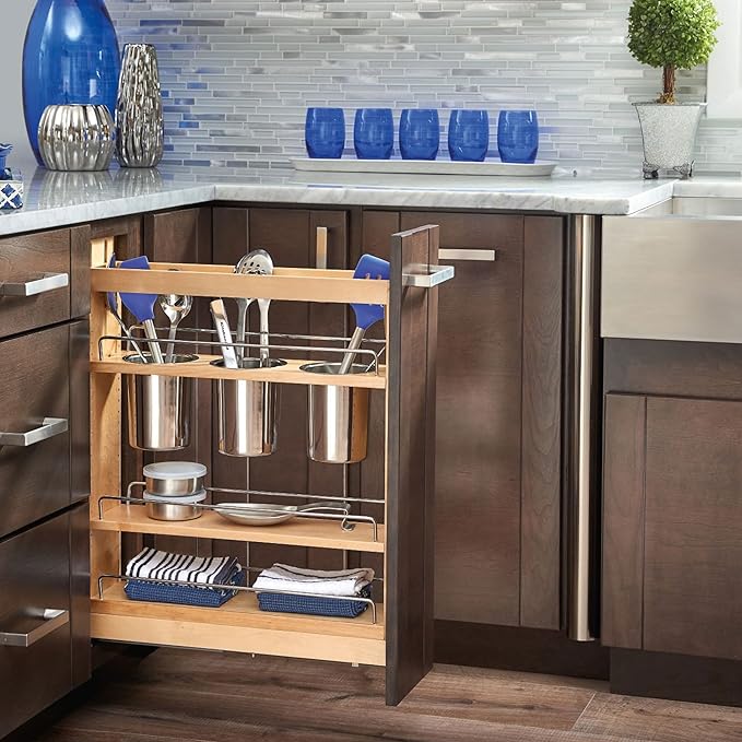 Rev-A-Shelf Maple Pullout Utensil Organizer with 3 Bins & BLUM Soft-Close Full Extension Slides, for Full-Height Base Cabinets, Adjustable Shelves, Min Opening Width of 5.5", 448UT-BCSC-5C