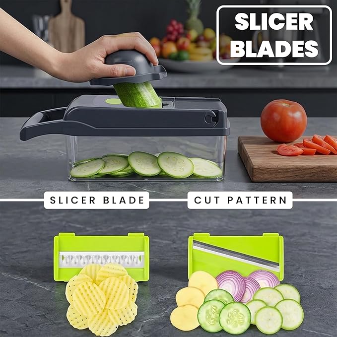 Vegetable Chopper 15 in 1- Multifunctional Food Chopper with 7 Blades- Mandoline Slicer, Dicer, Cutter, Peeler & Grater for Onion, Potato, Salad, Carrot, Garlic with Drain Basket & Container