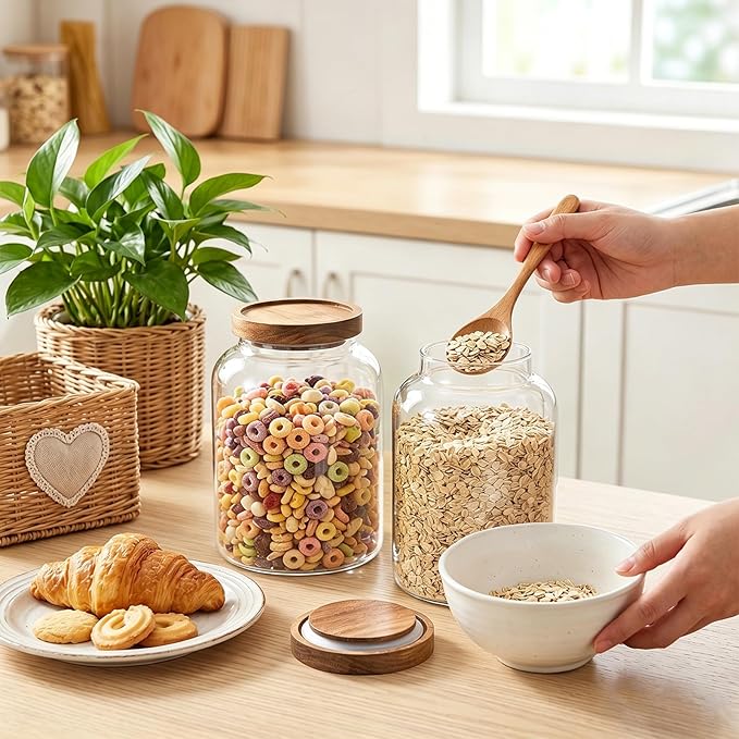Bekith 2 Pack Large Glass Food Storage Jar with Airtight Wooden Lid, 66 FL OZ(1950ml) Glass Food Canister for Kitchen and Pantry Organization, Storage Containers for Coffee, Rice, Sugar, Flour