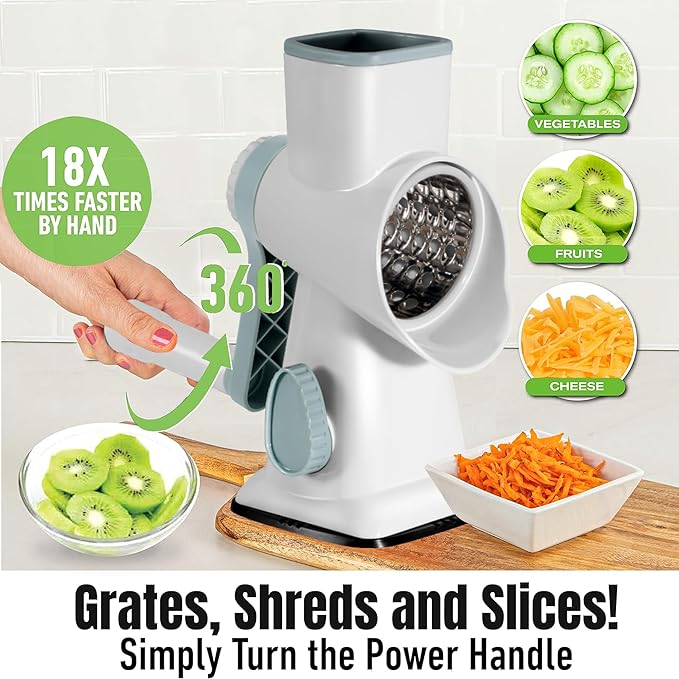 Cheese Grater Hand Crank Rotary Vegetables Shredder with Handle, 3-in-1 Graters with Interchangeable Blades and Non-slip Base Multifunctional Slicer for Kitchen