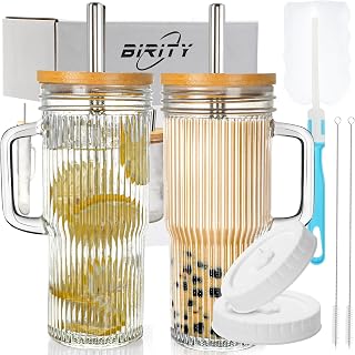 24oz Ribbed Glass Cup with Lids and Straws,2Pack Glass Tumbler with Handle,Reusable lced Coffee Cups with lids-Glass Cups with Lids,Mason Jar Cup for Smoothie,Coffee,Juice,Water,Tea,Travel Mug